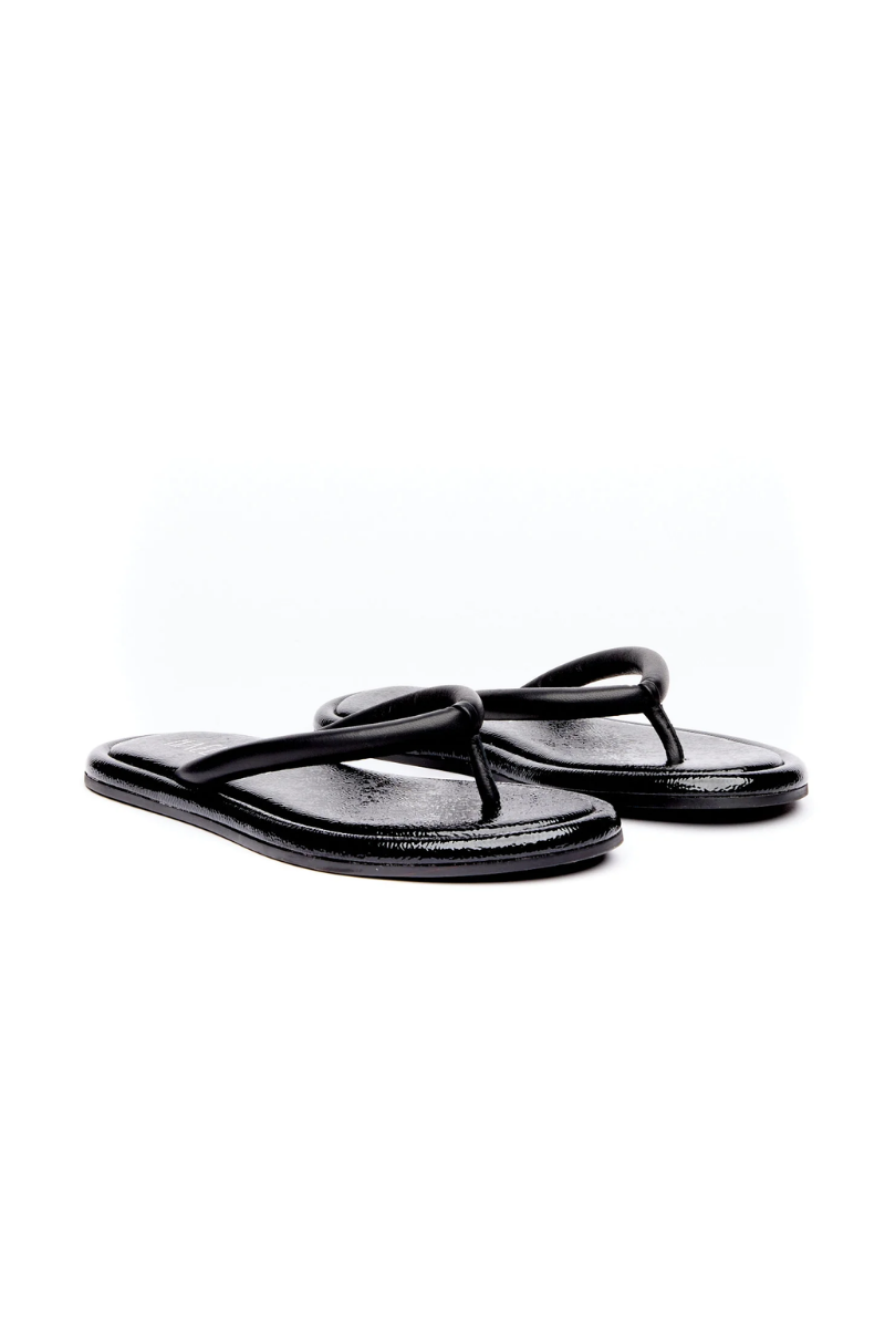 A pair of black thong sandals with a glossy finish, displayed on a clean white background.
