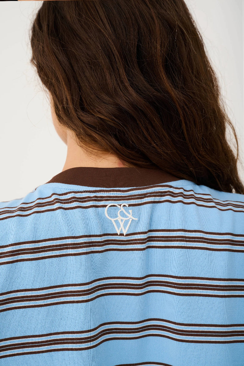 Person wearing a blue and brown striped shirt with a logo on the chest.