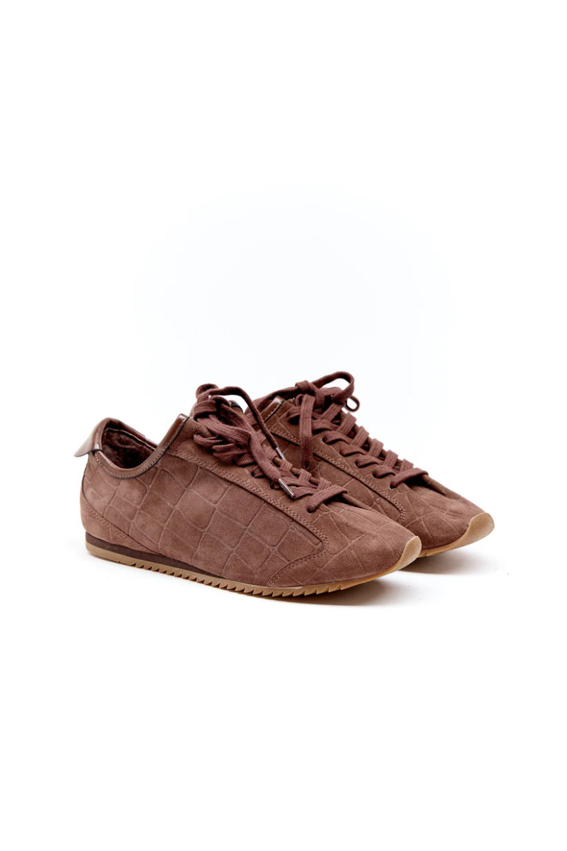 Pair of brown sneakers on a white background