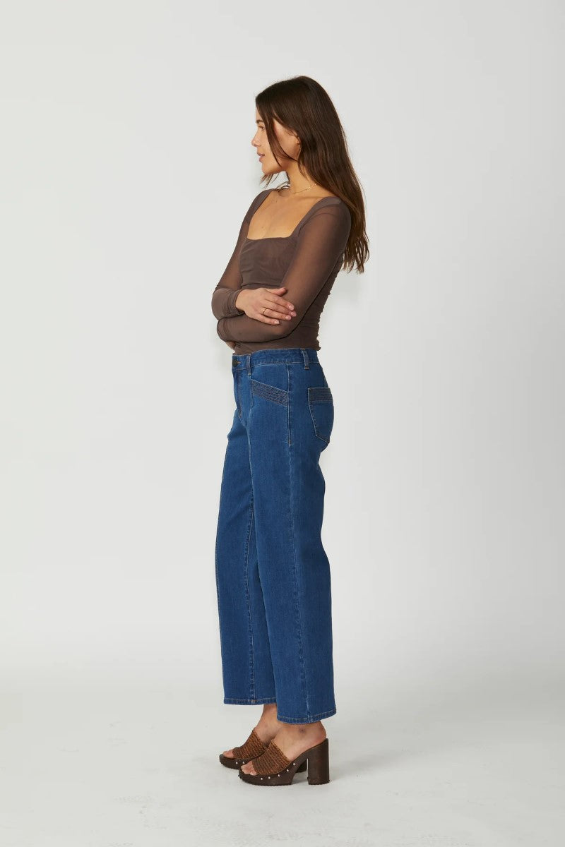 Side view of the Holborn Jean by Ivy Vibe, showcasing its tailored fit, classic denim style, and versatile design for effortless everyday wear.