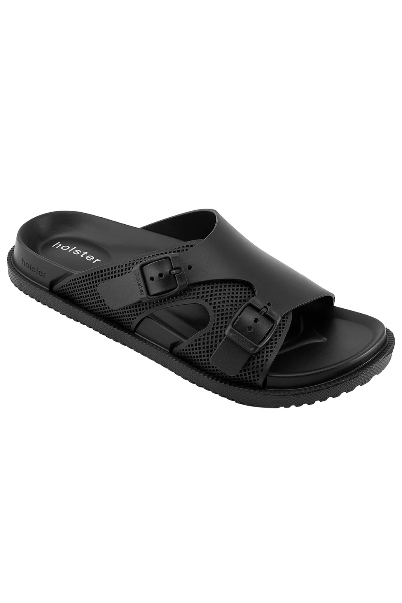 Black sandal with a buckle on a white background