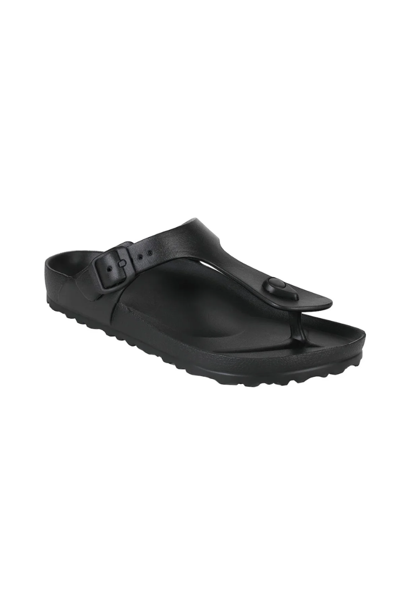 Black sandal with a visible brand logo on a white background