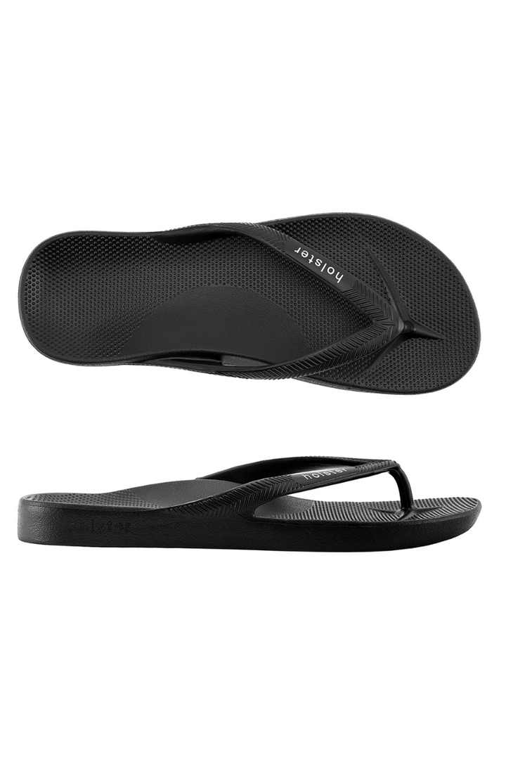 Black flip-flops with brand name on a white background