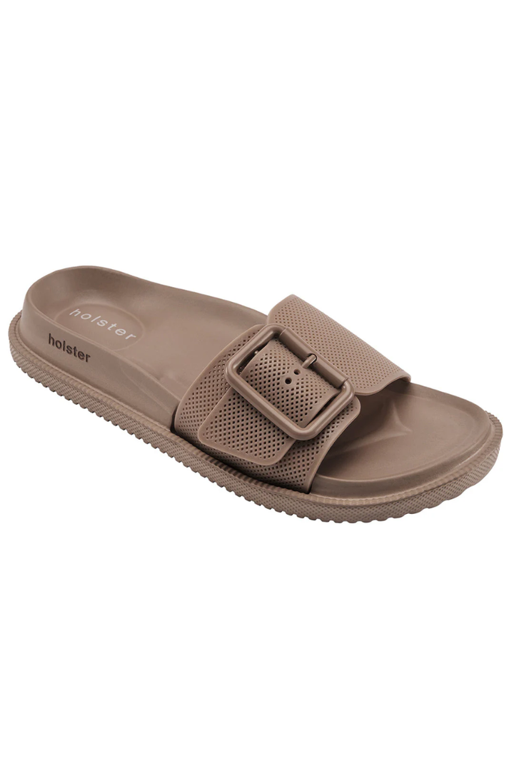 Brown sandal with a buckle on a white background