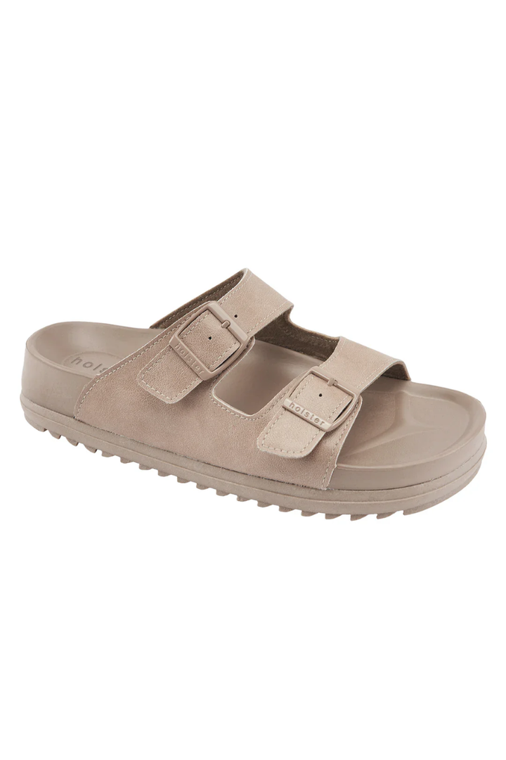 Beige sandal with two straps on a white background