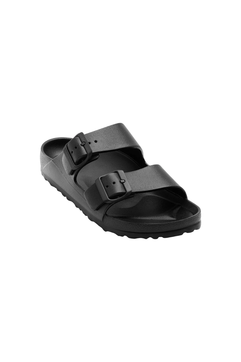 Black sandal with two straps on a white background