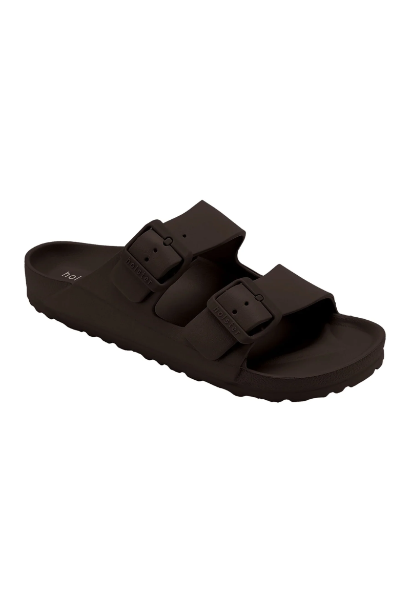 Black sandal with two straps on a white background