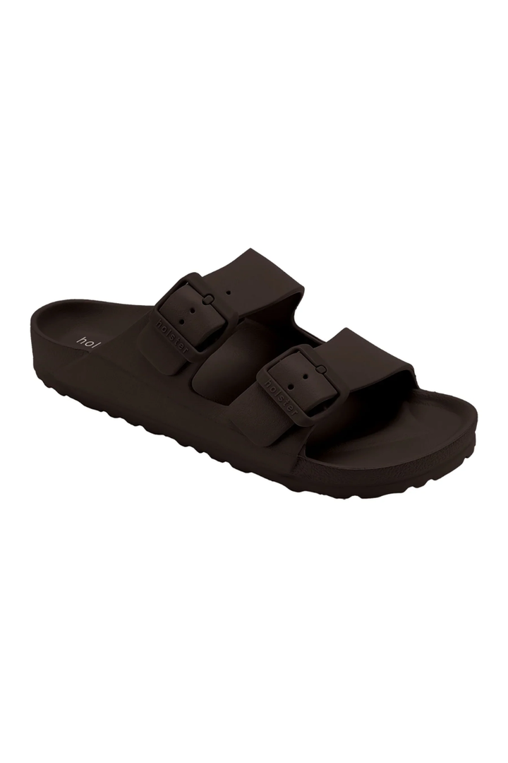 Black sandal with two straps on a white background