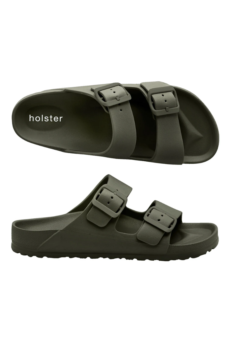 Green sandals with 'holster' branding on a white background