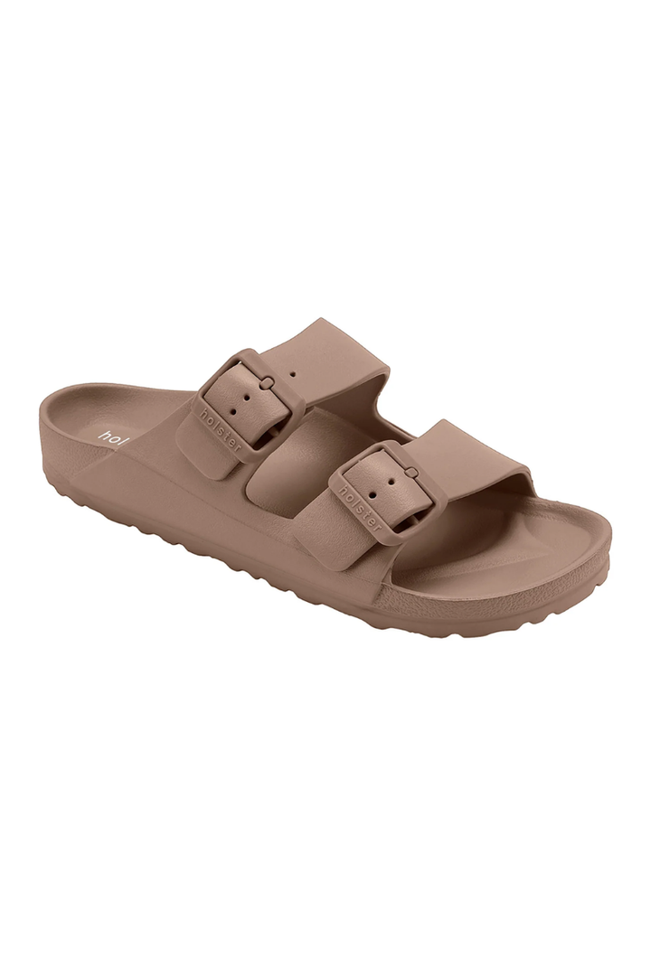 Brown sandal with two buckles on a white background