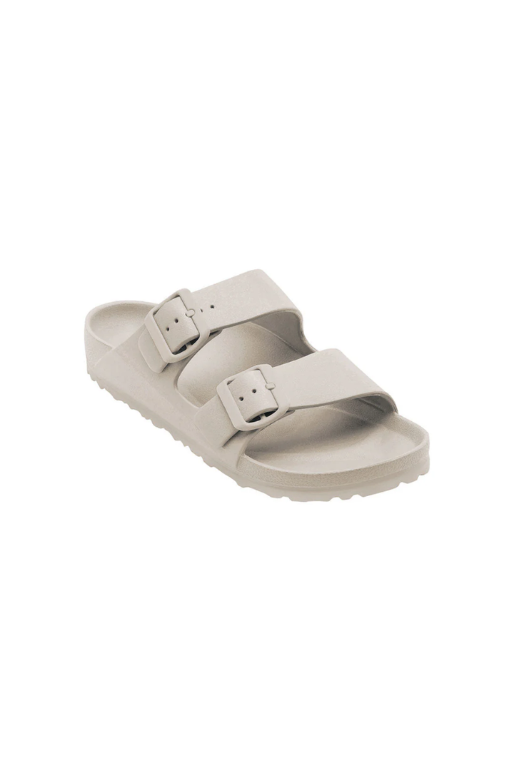 Beige sandal with two straps on a white background