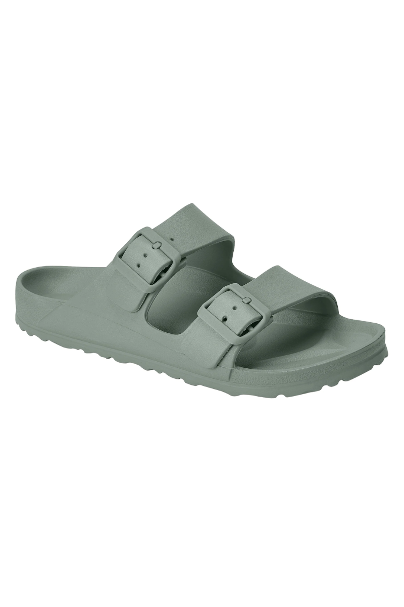 Green sandal with two straps on a white background
