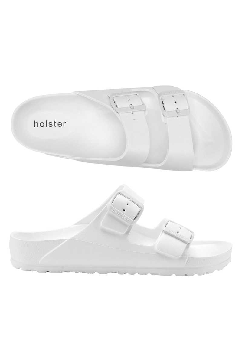 White sandals with 'holster' branding on a white background