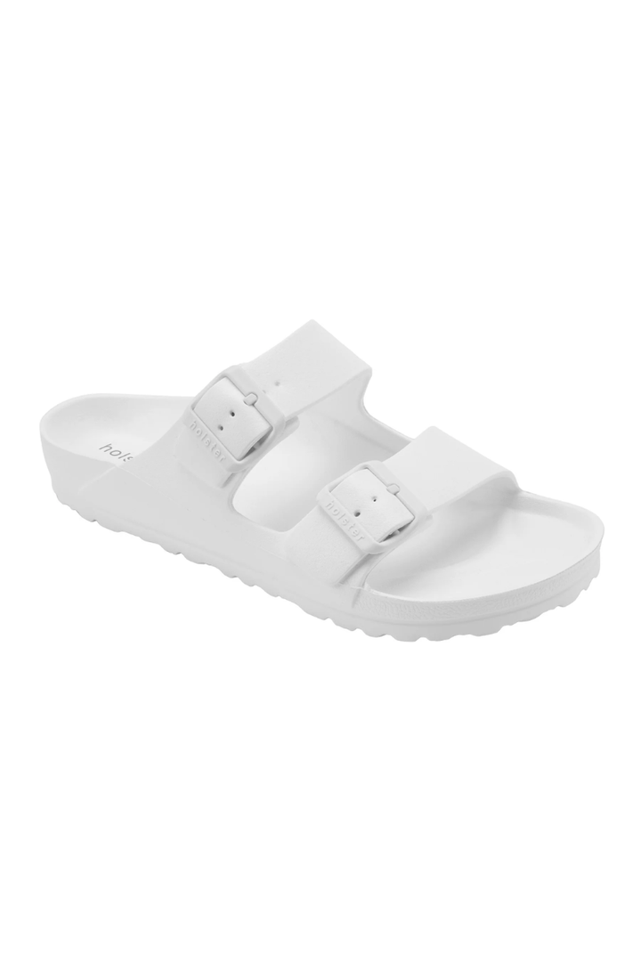 White sandal with two straps on a white background
