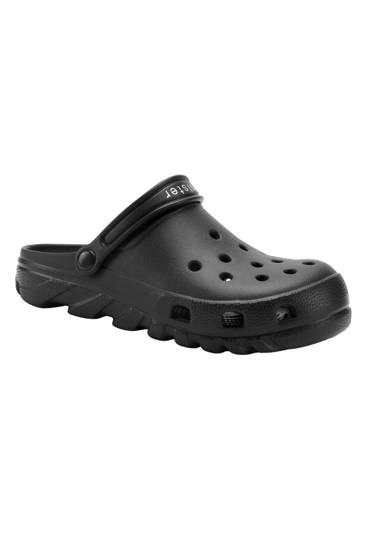 Black clog shoe on a white background