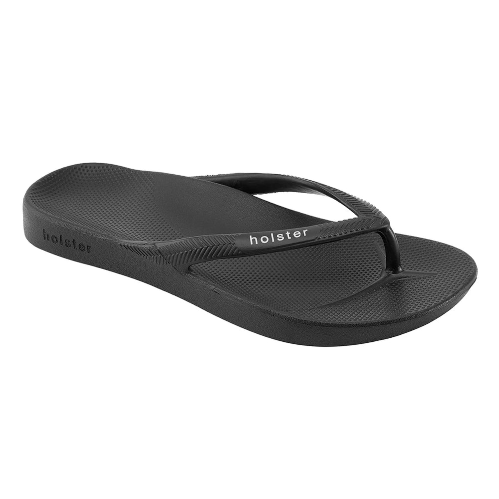 Black sandal with 'holister' branding on a white background