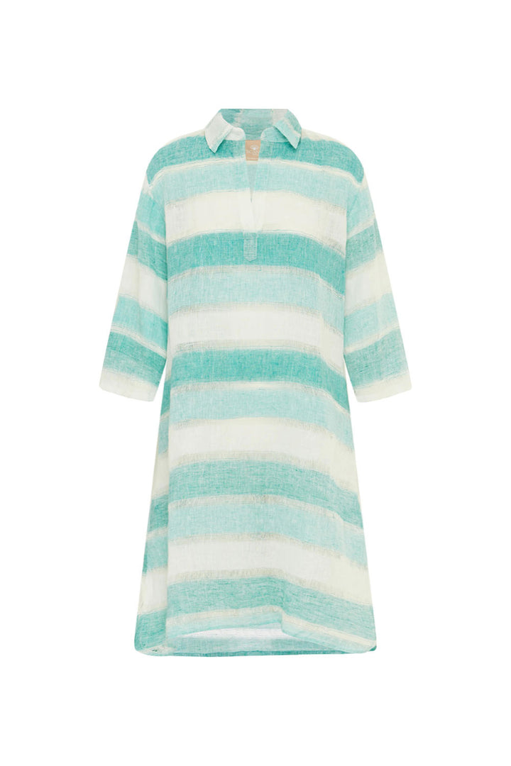 Striped dress with green and white horizontal stripes on a white background