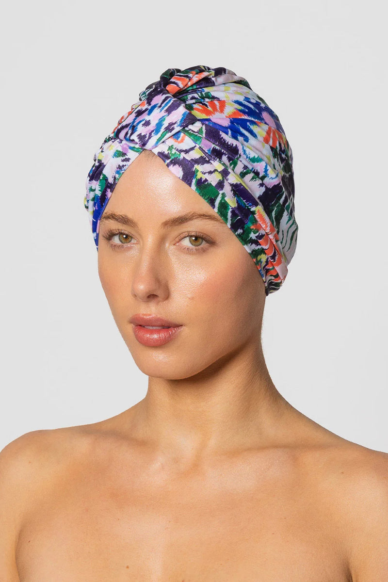 Front view Louvelle Amelie turban shower cap multicolor floral