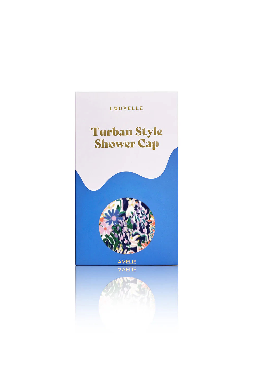 Turban-style shower cap packaging with floral design on a white background