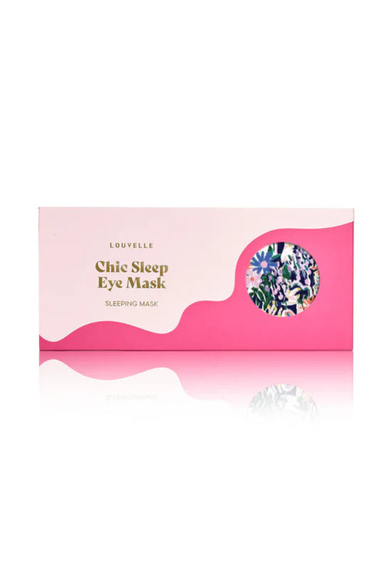 Pink packaging of Louvelle Chic Sleep Eye Mask on a white background