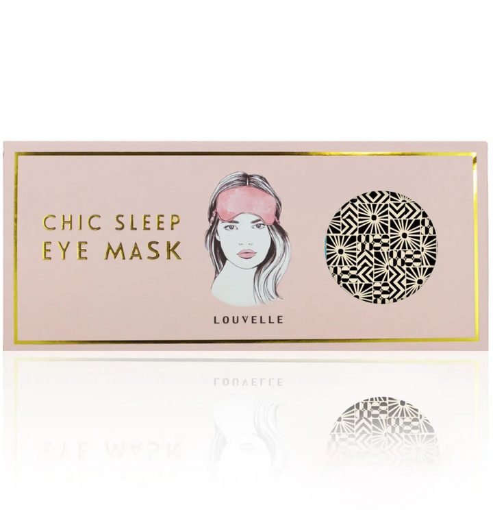 Chic sleep eye mask packaging with a woman's face and brand name on a white background