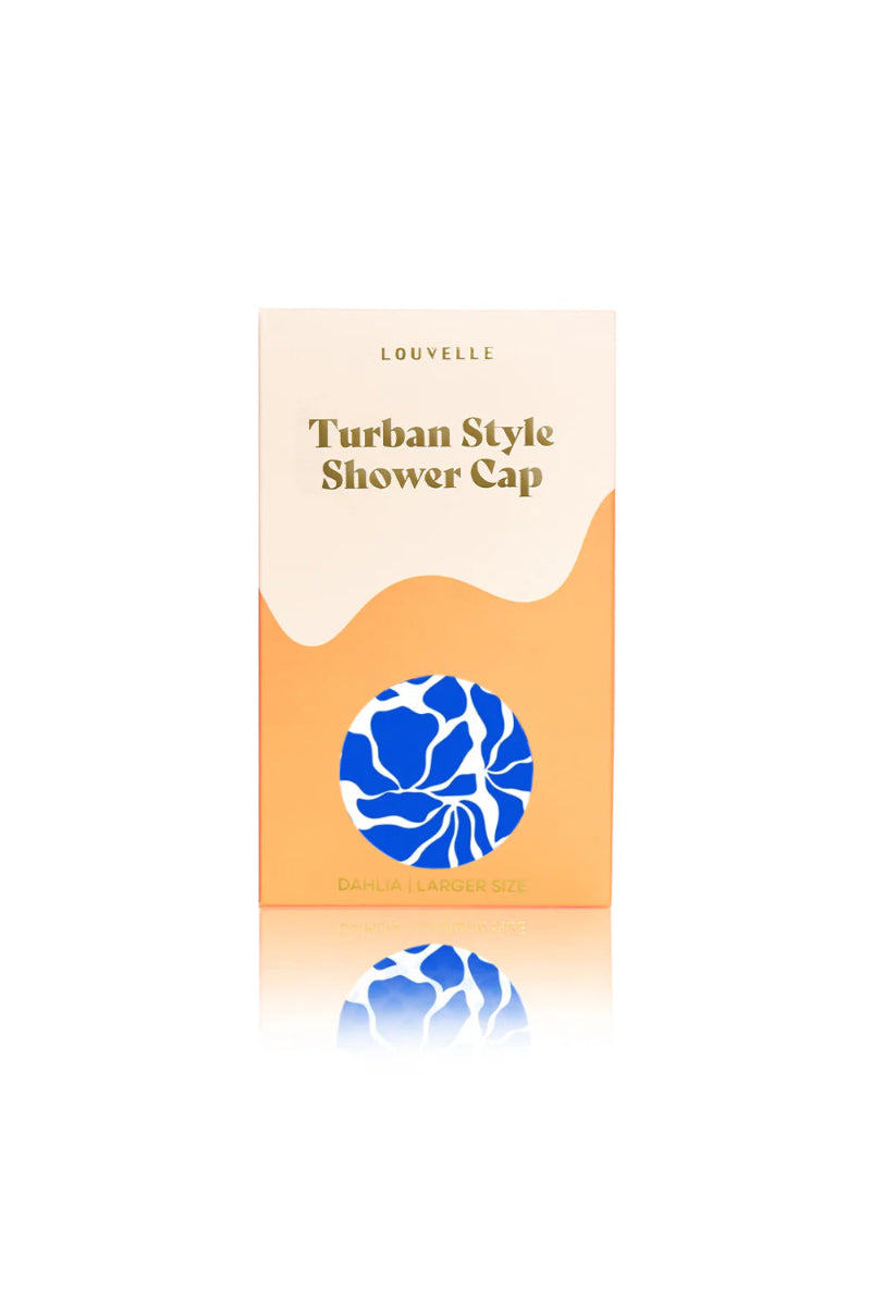 Louvelle Turban Style Shower Cap packaging with blue design on a white background