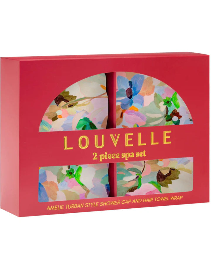 Louvelle 2-piece spa set packaging with floral designs on a red background