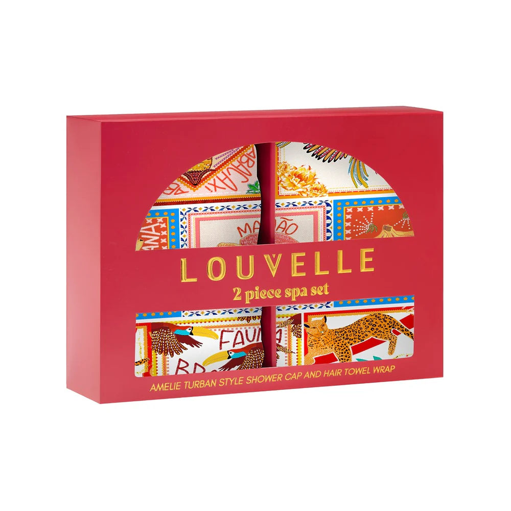 Louvelle 2-piece spa set packaging with colorful designs on a red background