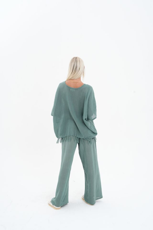 Person wearing a teal outfit with wide-leg pants on a white background