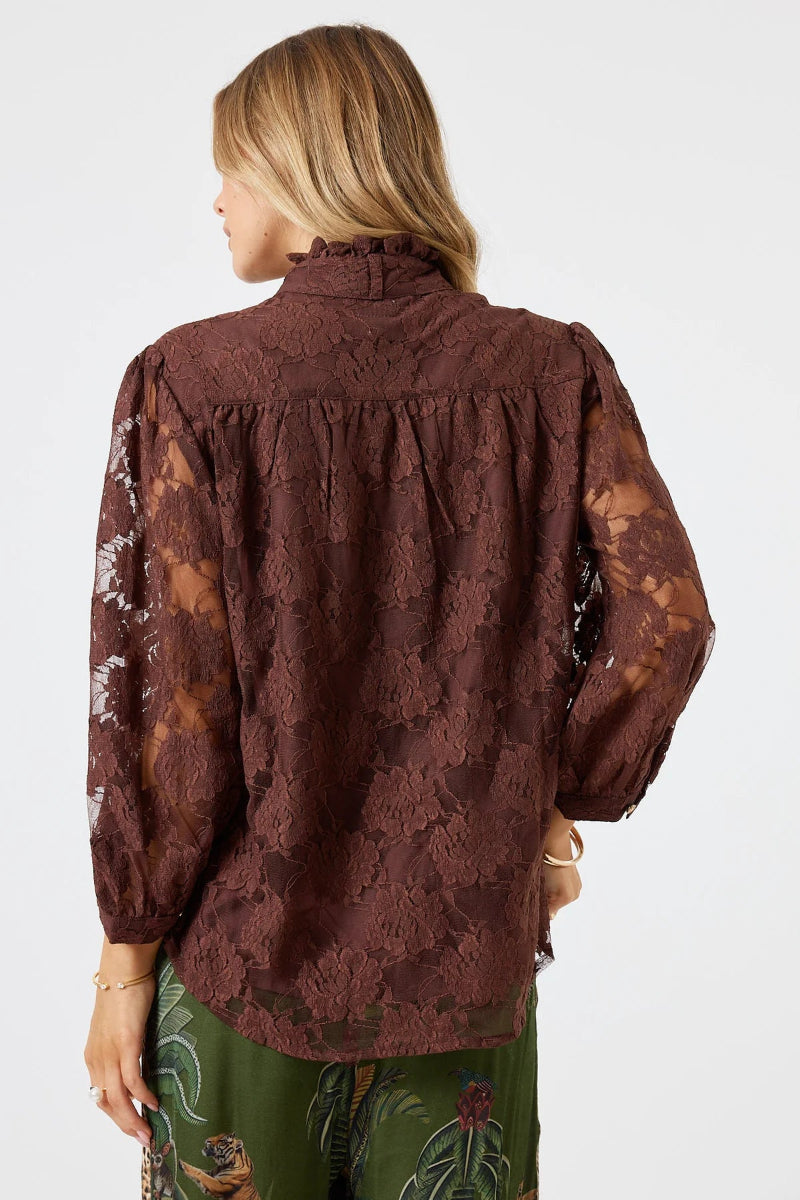 Woman wearing a brown lace blouse with a white background