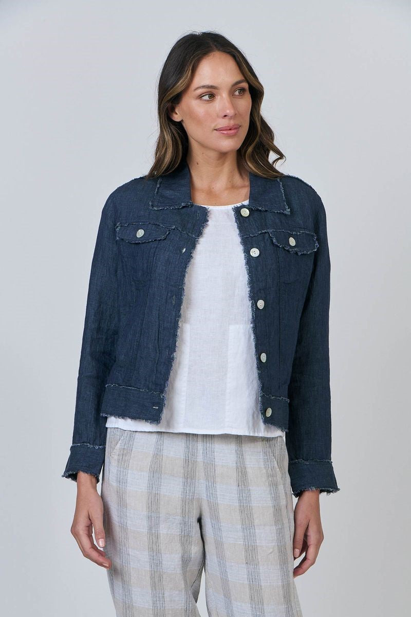 Woman wearing a denim jacket over a white shirt and plaid pants on a plain background