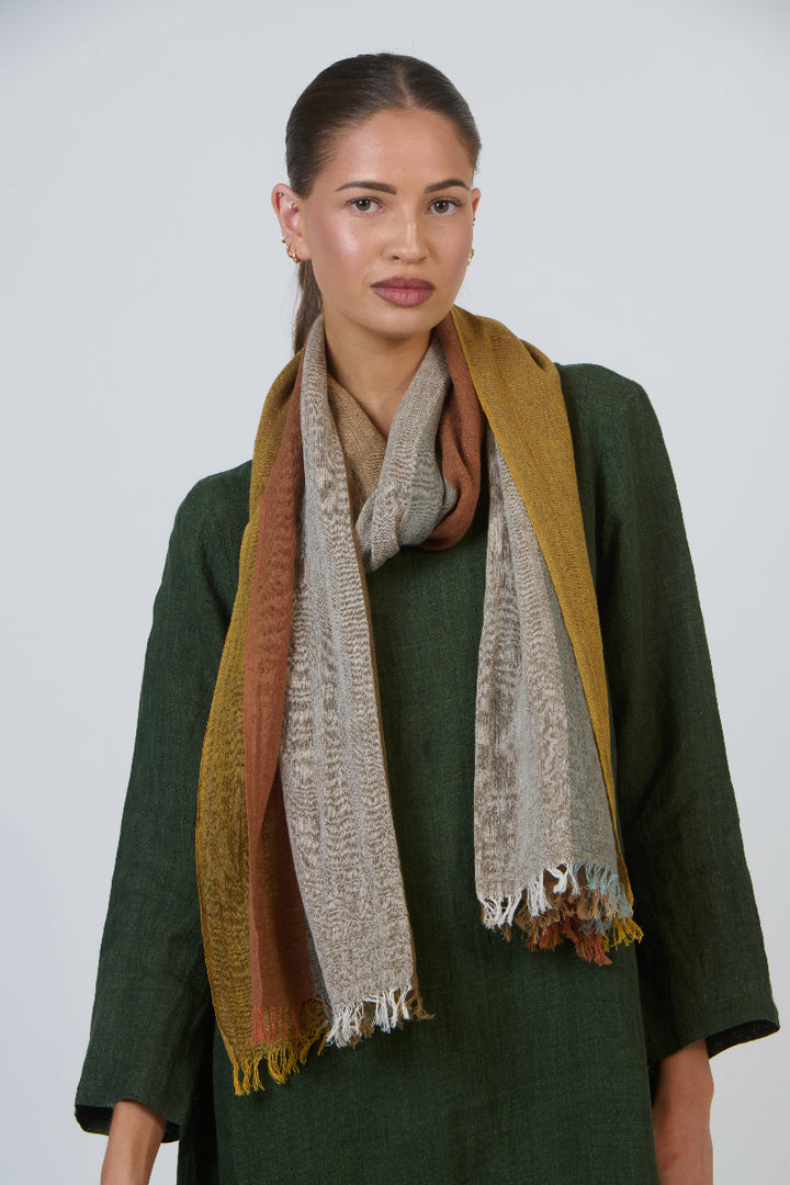 Woman wearing a green coat and multicolored scarf against a white background