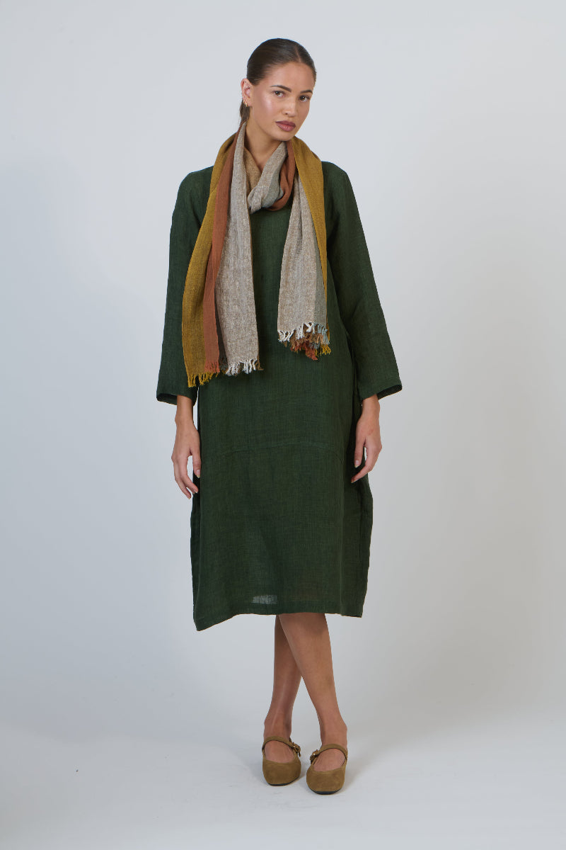 Woman wearing a green dress and patterned scarf on a white background