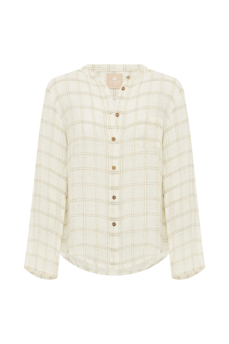 Beige checkered shirt with buttons on a white background.