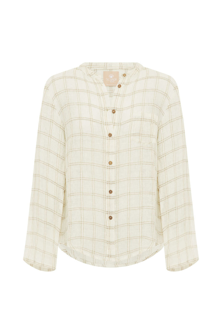 Beige checkered shirt with buttons on a white background.