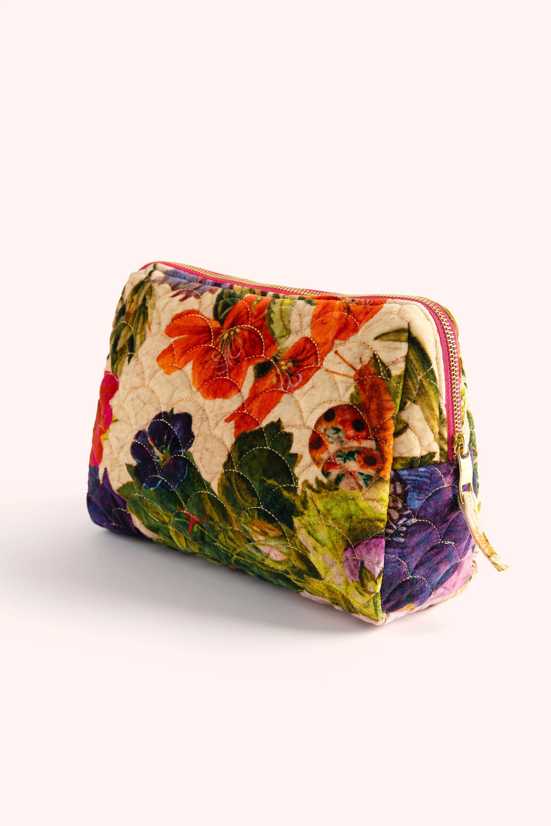 Floral patterned pouch with a zipper on a white background