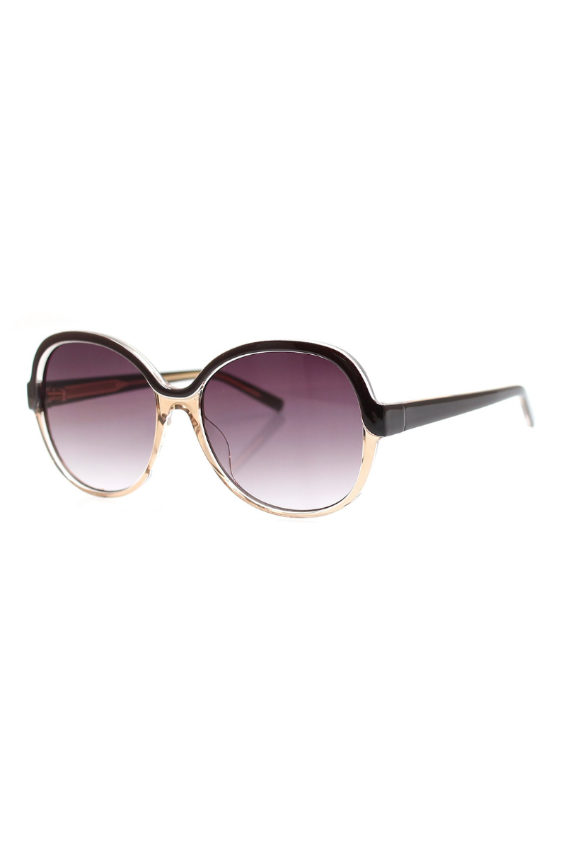 Sunglasses with gradient purple lenses on a white background