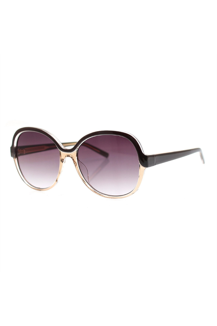 Sunglasses with gradient purple lenses on a white background