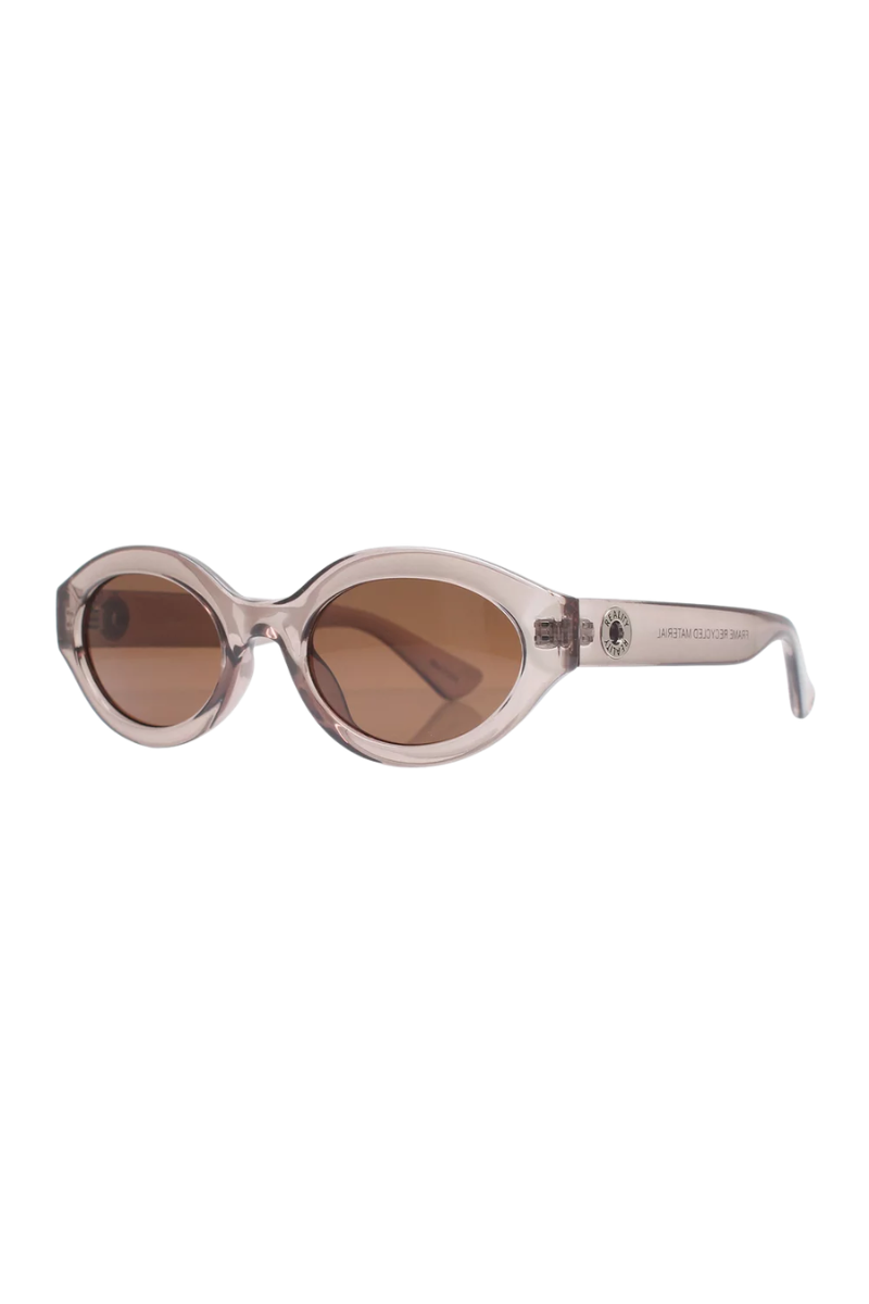 Gold-framed sunglasses with brown gradient lenses on a white background