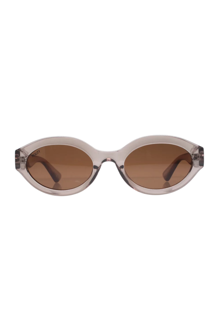 Sunglasses with a transparent frame and brown lenses on a white background