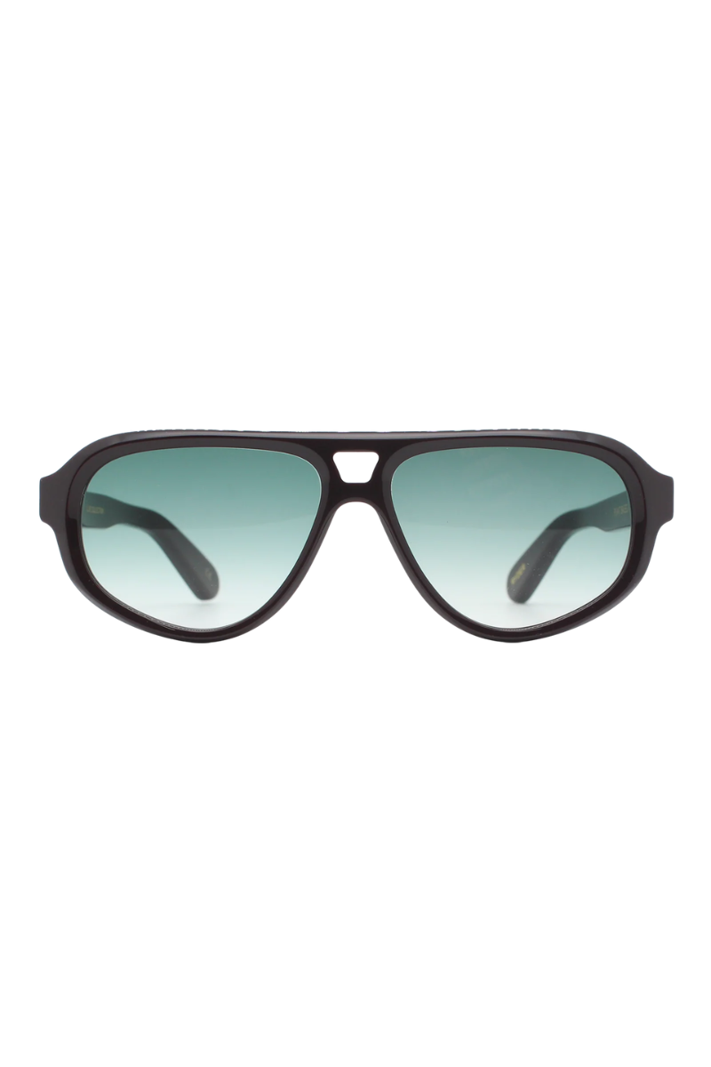A pair of aviator-style sunglasses with a thick black frame and gradient green-tinted lenses, shown against a plain white background.