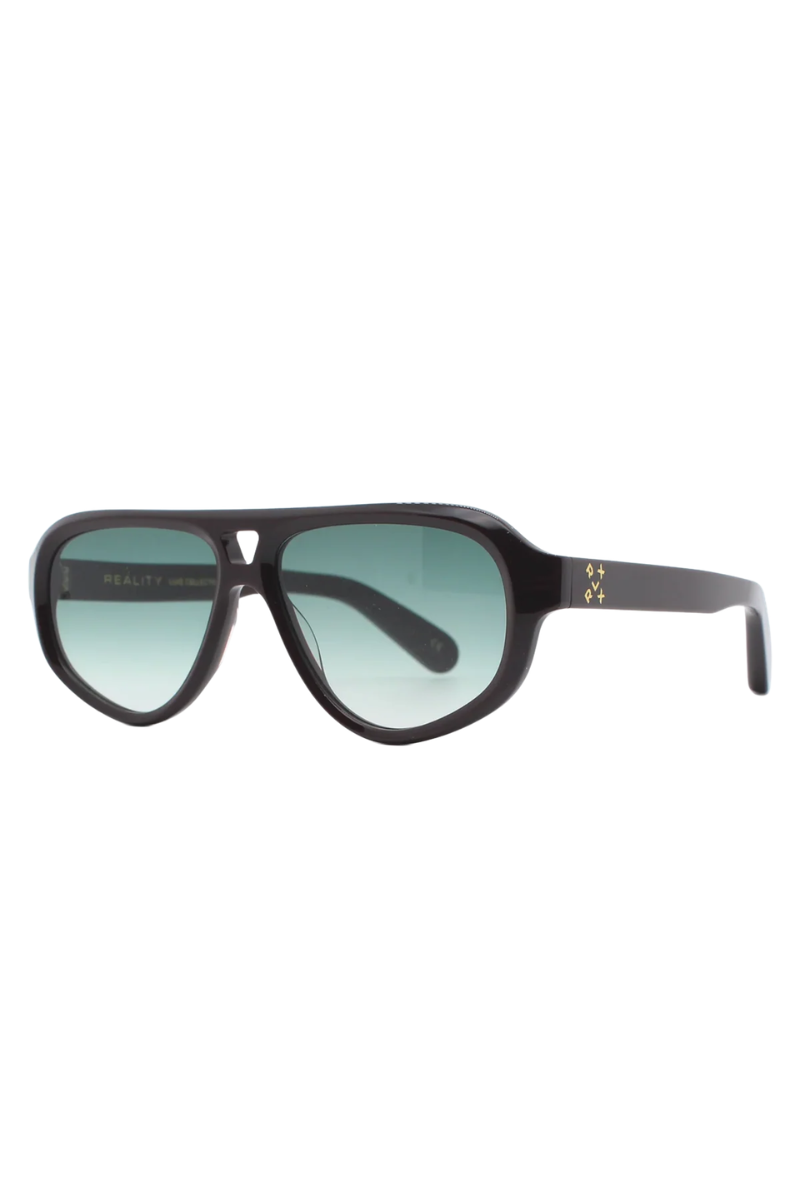 Aviator sunglasses with a thick black frame and gradient green-tinted lenses, featuring a small gold logo on the temple arm.