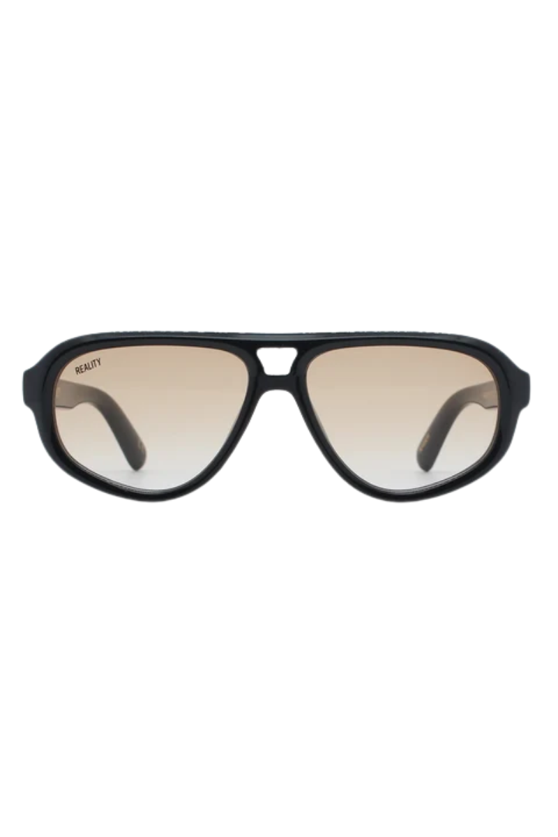 A pair of aviator-style sunglasses with a thick black frame and gradient brown lenses, shown against a plain white background.