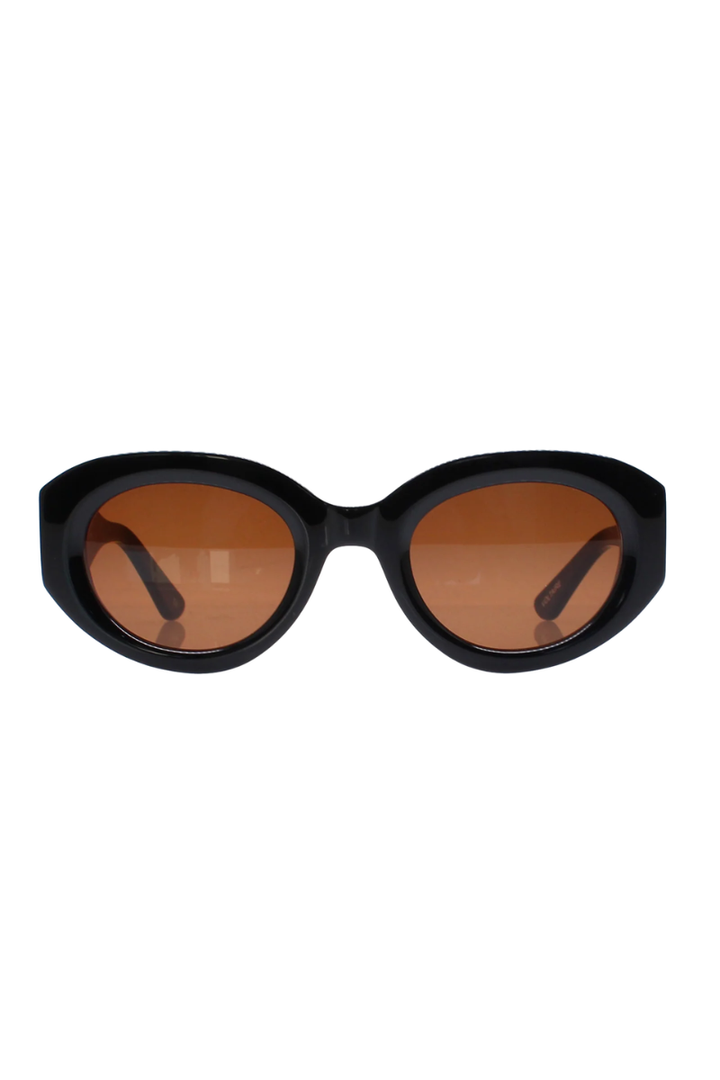 Oval sunglasses with a thick black frame and warm brown lenses, shown against a plain white background.
