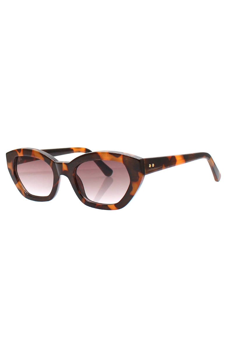 Sunglasses with tortoiseshell frame and gradient lenses on a white background
