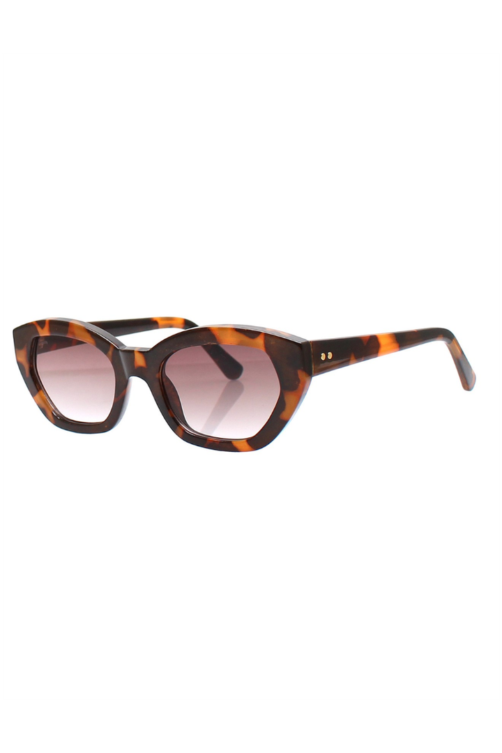 Sunglasses with tortoiseshell frame and gradient lenses on a white background