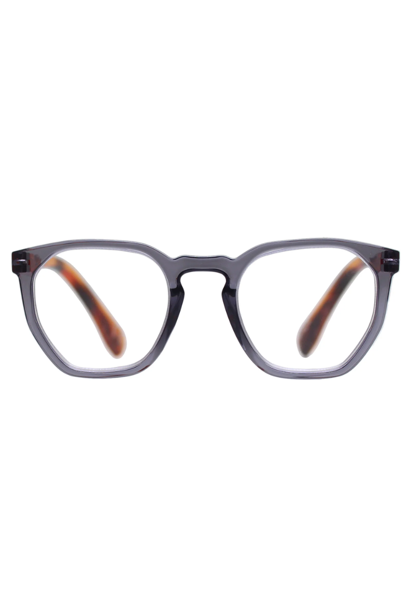 Eyeglasses with a gray frame and brown-tinted lenses on a white background
