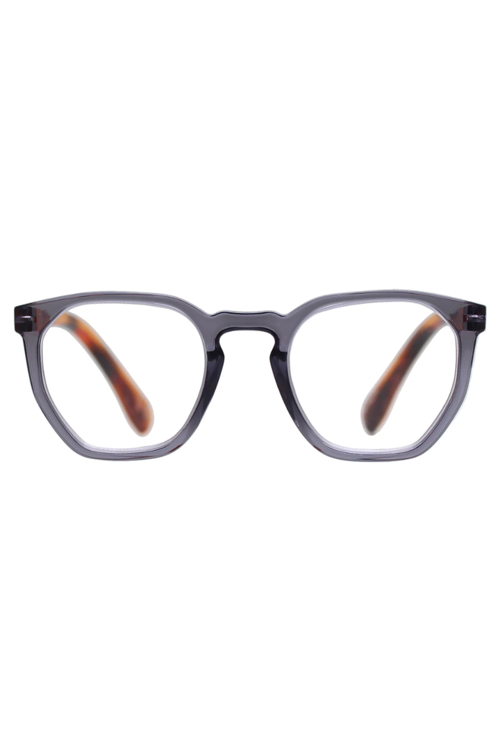 Eyeglasses with a gray frame and brown-tinted lenses on a white background