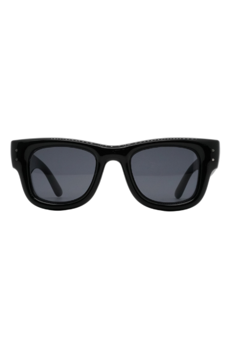 Black sunglasses with a thick, glossy frame and dark gray lenses, shown from the front on a plain white background.