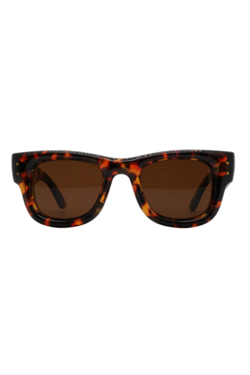 Tortoiseshell sunglasses with brown lenses, shown from the front against a plain white background.